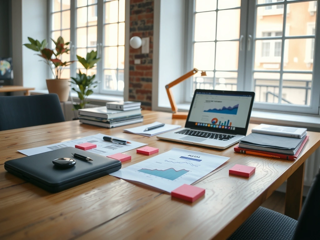 Pracovní stůl s rozborem kampaně v kanceláři promoflow